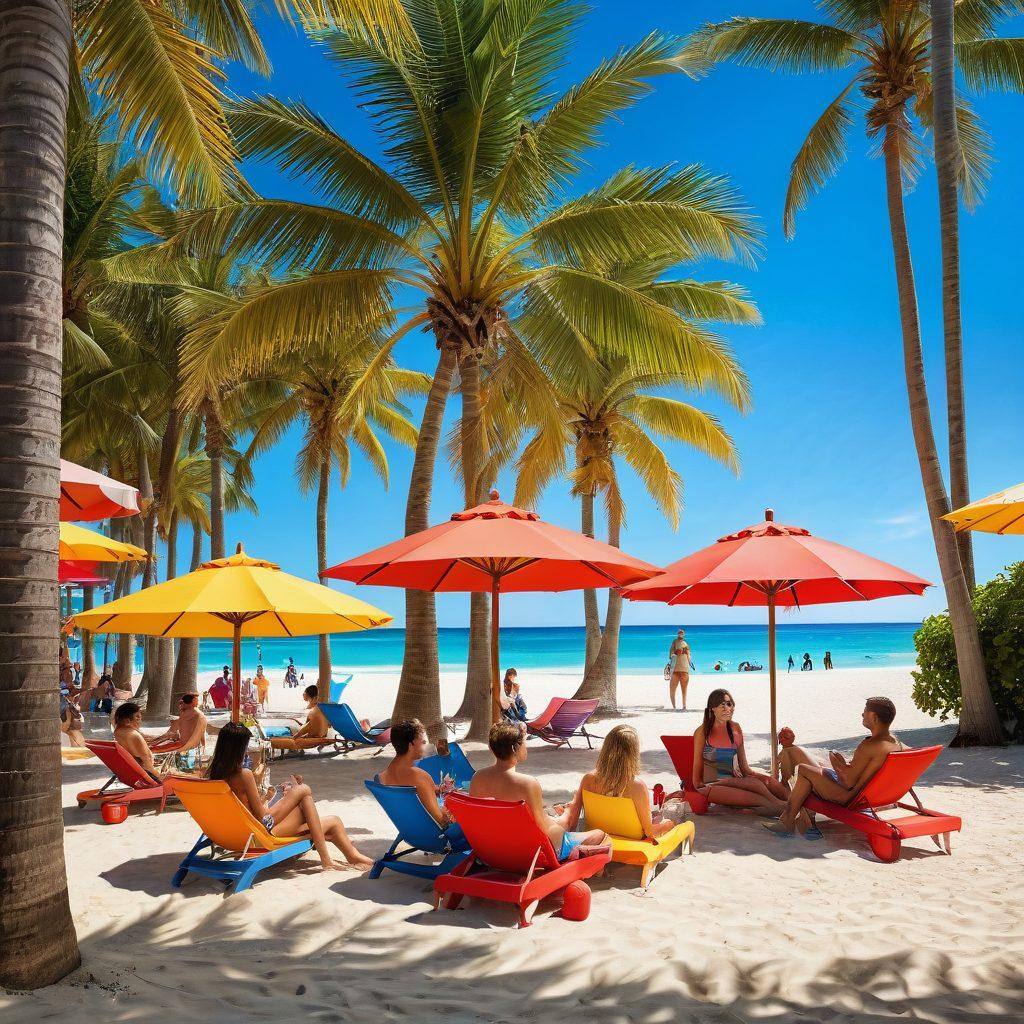 A vibrant beach scene featuring a diverse group of stylish individuals in trendy swimwear, basking under the golden sun. Add playful elements like beach balls and tropical drinks, surrounded by lush palm trees and colorful beach umbrellas, capturing a fun and lively summer atmosphere. The image should evoke feelings of confidence and allure, showcasing the essence of summer and adult entertainment. super-realistic. vibrant colors. sunny backdrop.